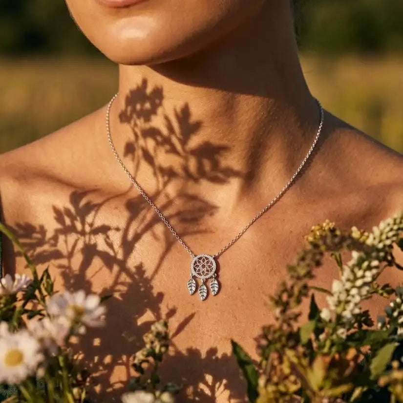 Person wearing a necklace with a floral background